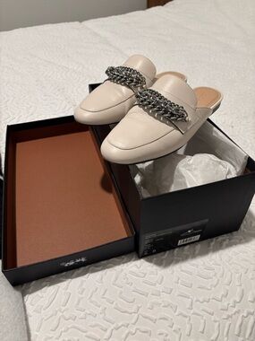 Coach Cream Leather Chain-Trim Mule Loafers